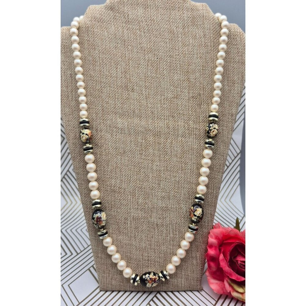 Elegant Vintage Faux Pearl & Black Floral Cloisonne Bead Necklace 28" Classic